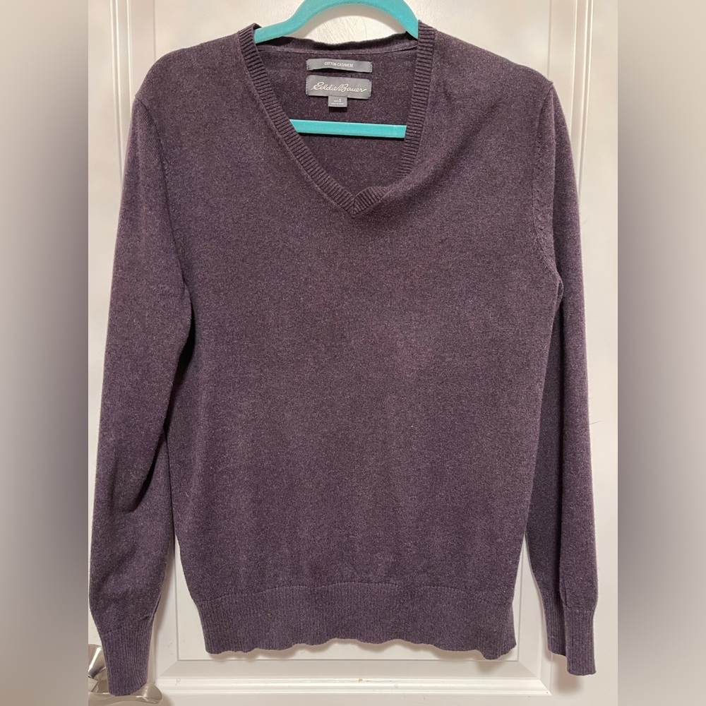Eddie Bauer Cotton Cashmere V-Neck Sweater Gray Soft Classic Fit Preppy Small